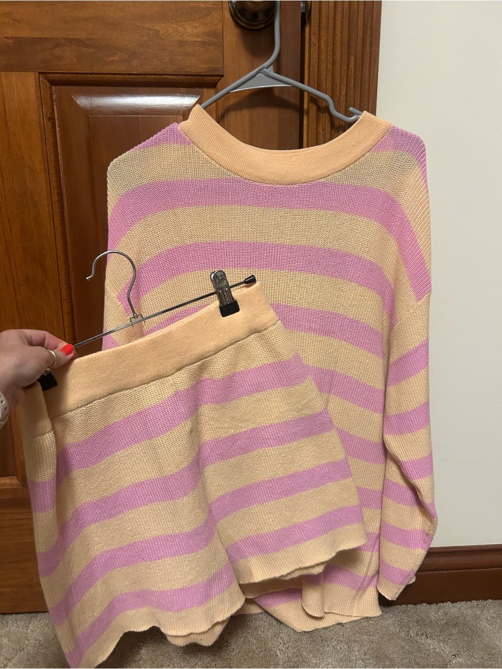 Striped Cream and Pink Women's Sweater Set